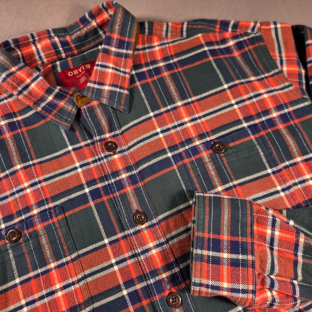 Orvis Classic Fit Perfect Flannel Shirt Mens XXL Green Orange Plaid Cotton L/S